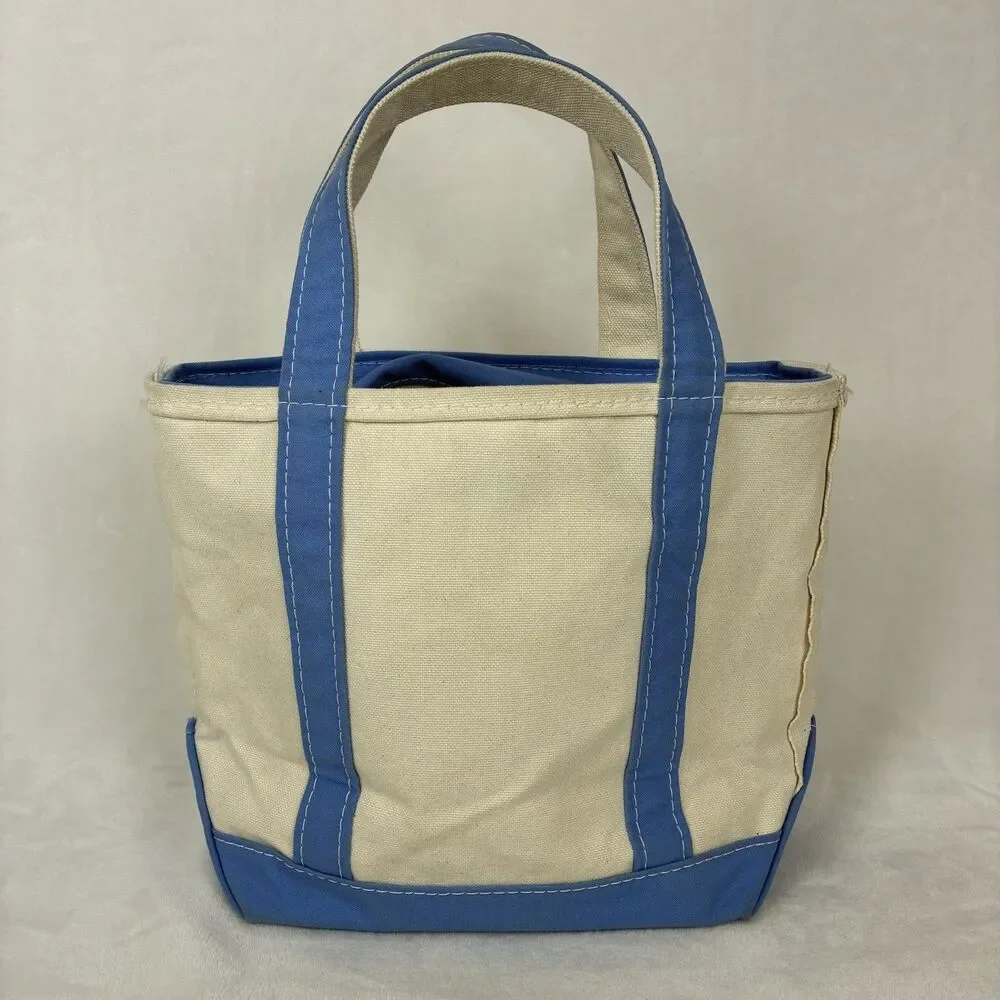 Vintage LL Bean Mini Boat And Tote -Beige Light Blue Canvas Bag With Zipper Top